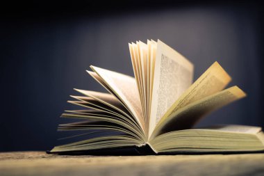 Okul yönetim kurulu bir meşe ahşap masa arka plan üzerinde açık eski kitap