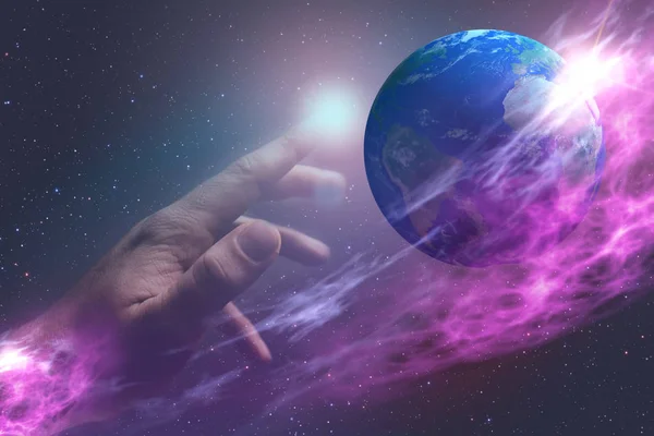 Палець Торкається Пікселя Землі Нескінченному Просторі Змішані Медіа Концептуальний Матричний — стокове фото