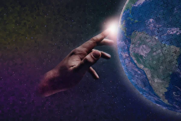 Forefinger Touches Earth Pixel Infinite Space Mixed Media Concept Matrix — Stock Photo, Image