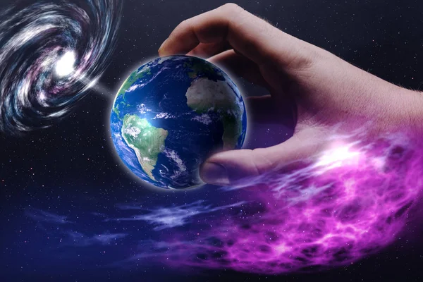 Protect Our World Human Hands Nebula Dust Mixed Media — Stock Photo, Image