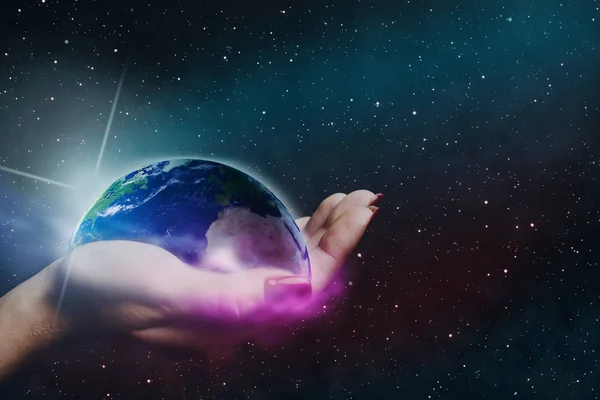 Protect Our World Woman Hands Nebula Dust Mixed Media — Stock Photo, Image