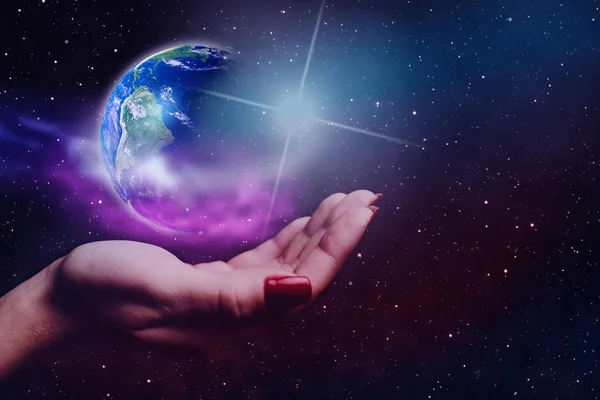 Protect Our World Woman Hands Nebula Dust Mixed Media — Stock Photo, Image