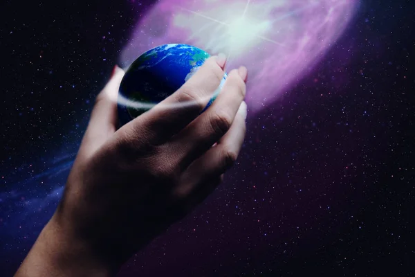 Protect Our World Woman Hands Nebula Dust Mixed Media — Stock Photo, Image