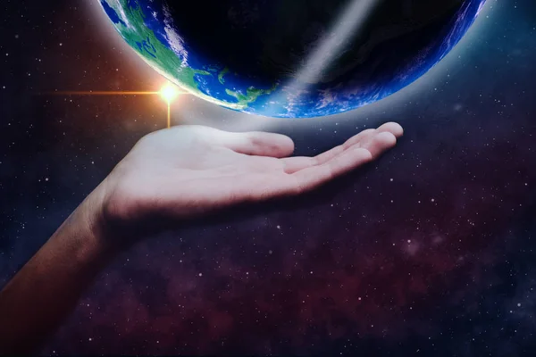 Skydda Vår Värld Mänskliga Händer Och Nebula Damm Mixed Media — Stockfoto