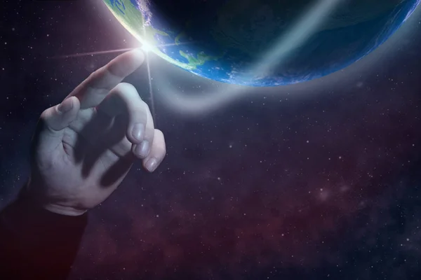 Touching Planet Finger Nebula Dust Infinite Space Mixed Media — Stock Photo, Image