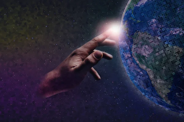 Forefinger Touches Earth Pixel Infinite Space Mixed Media Concept Matrix — Stock Photo, Image