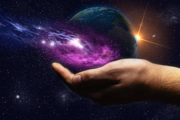 Protect Our World Human Hands Nebula Dust Mixed Media — Stock Photo, Image