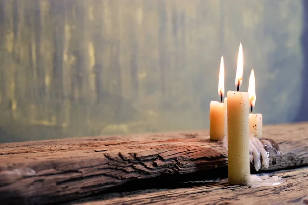 Candle Old Oak Wooden Table Beautiful Gold Background Rel — Stock Photo, Image