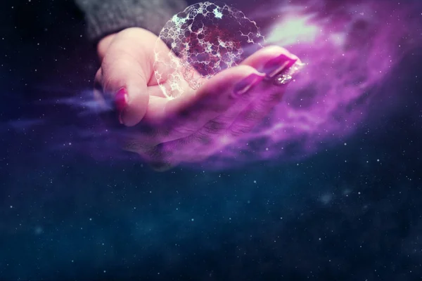 Human Hand Holding Cell Dividing Nebula Dust Mixed Media — Stock Photo, Image