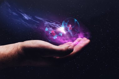 Hücre bölünmesi tutan eller. Bulutsusu toz. Karışık teknik.