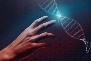 Adam dokunmadan Dna molekülü ve bulutsu toz kapatın. Karışık teknik.