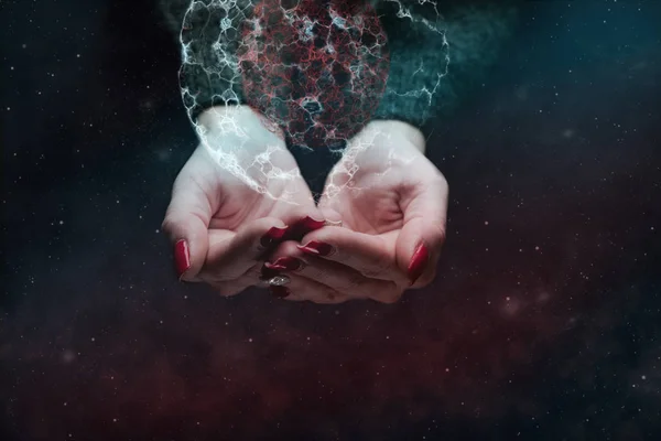 Mänsklig Hand Hålla Cell Dividera Nebulosa Damm Mixed Media — Stockfoto