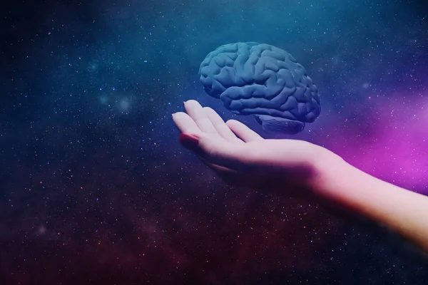 Woman Holding Brain Palm Mixed Media — Stock Photo, Image