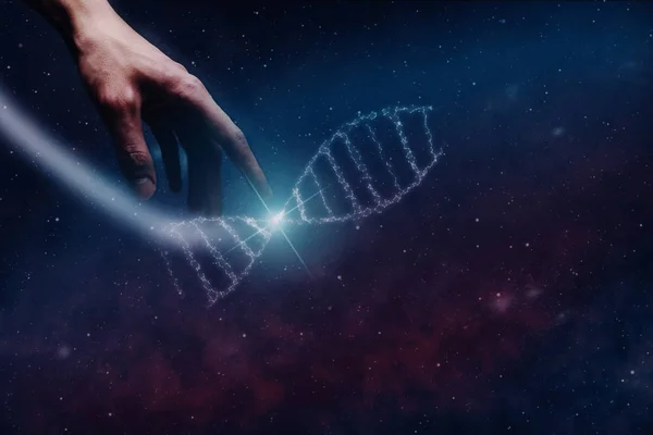 Primo Piano Dell Uomo Toccando Molecola Dna Polvere Nebulosa Mezzi — Foto Stock