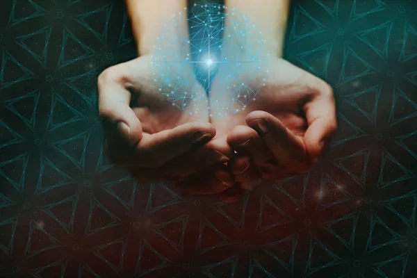Woman Holding Palm Social Connection Technologies Nebula Dust Mixed Media — Stock Photo, Image