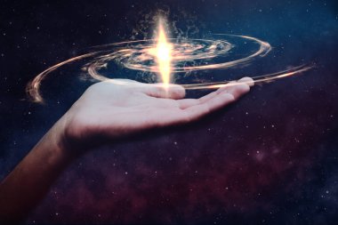 Elini sonsuz uzayda yeni bir yıldız tut. Karışık teknik.