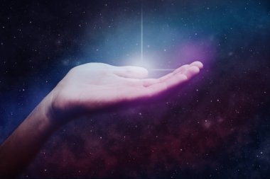 Elini sonsuz uzayda yeni bir yıldız tut. Karışık teknik.