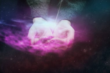 Elini sonsuz uzayda yeni bir yıldız tut. Karışık teknik.