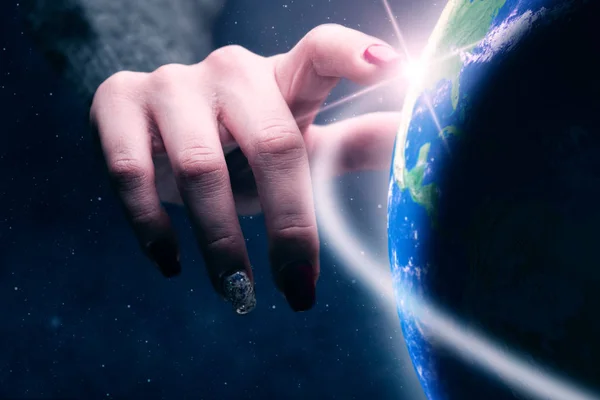 Woman Touching Planet Finger Nebula Dust Infinite Space Mixed Media — Stock Photo, Image