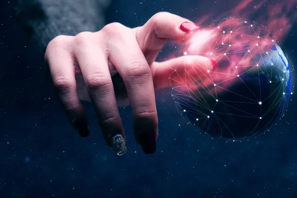 Woman touching planet with finger and network web and burn nebula dust. Mixed media.