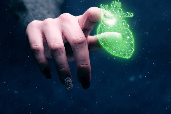 Человеческий Указательный Палец Касается Неонового Зеленого Сердца Инновационных Технологий Смешанные — стоковое фото