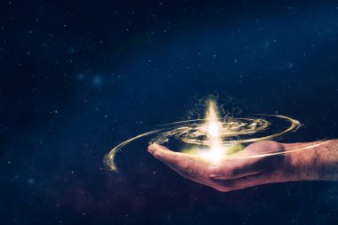 Elini sonsuz uzayda yeni bir yıldız tut. Karışık teknik.