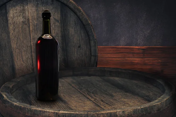 Red Wine Bottle Old Barrel Table Background Wood Wall — Stock Photo, Image