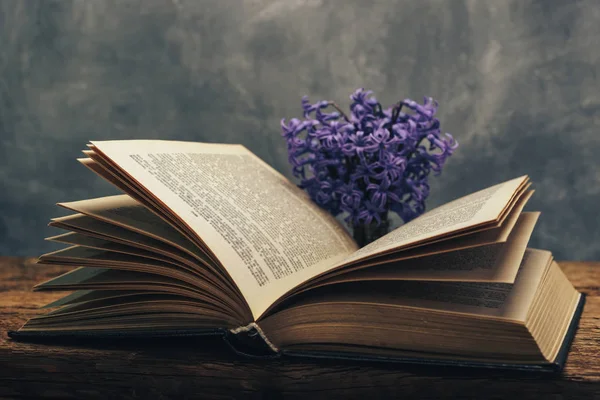 Open Book Purple Flower Old Oak Wooden Table Gray Wall — Stock Photo, Image