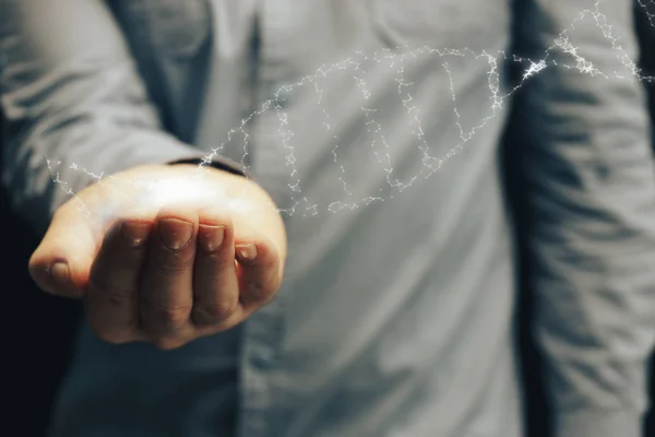 Man Holding Dna Molecule Palm Nebula Dust Infinite Space Mixed — Stock Photo, Image