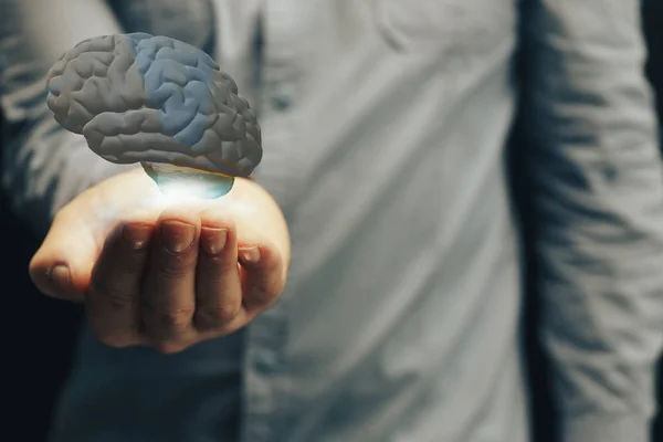 Human Holding Brain Palm Mixed Media — Stock Photo, Image