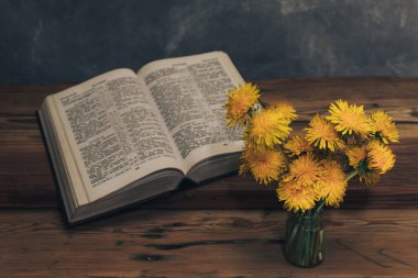 Açık kitap ve eski bir meşe masada sarı çiçek karahindiba. Gri duvar arka planı.