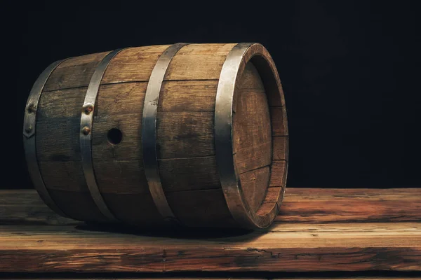 Wooden Barrel Old Oak Table Black Background — Stock Photo, Image