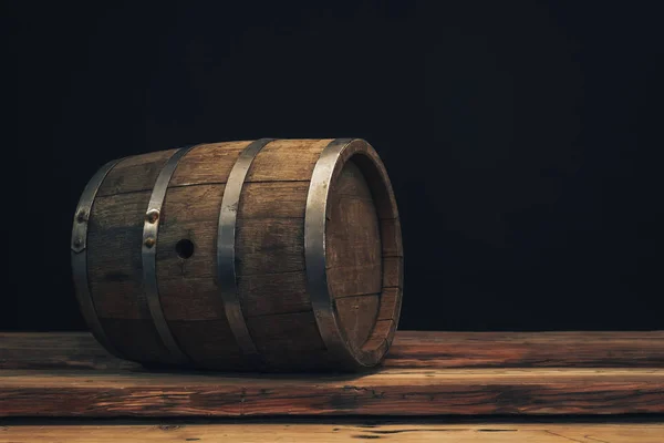 Wooden Barrel Old Oak Table Black Background — Stock Photo, Image