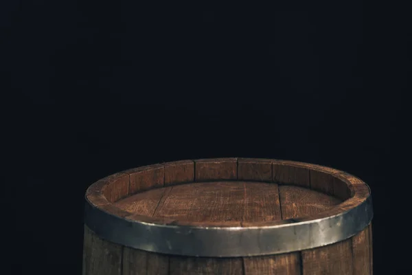 Wooden Barrel Old Oak Table Black Background — Stock Photo, Image