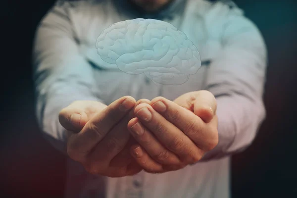 Cérebro Humano Palma Mão Meios Mistos Tecnologias Inovadoras — Fotografia de Stock