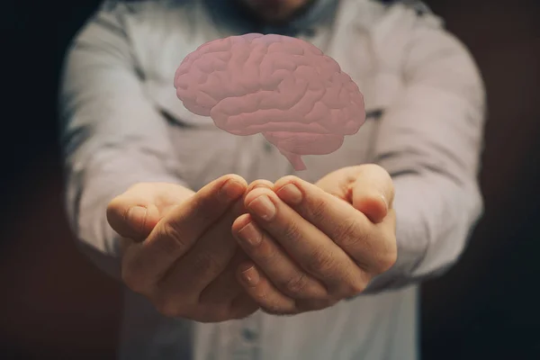 Human Holding Brain Palm Mixed Media Innovative Technologies — Stock Photo, Image