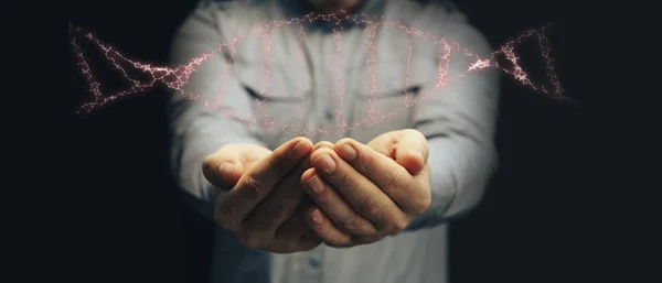 Hombre Sosteniendo Molécula Adn Palma Tecnologías Innovadoras Medios Mixtos —  Fotos de Stock