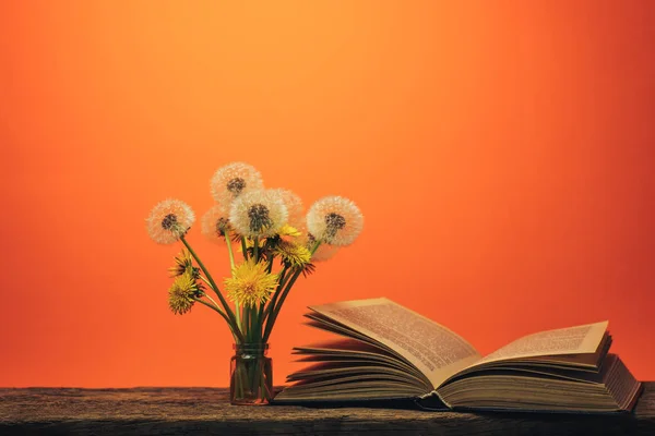 Open book and  yellow flower dandelion on a old oak table and coral orange  wall background.