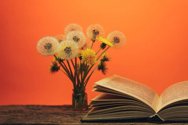 Open Book Yellow Flower Dandelion Old Oak Table Coral Orange — Stock Photo, Image