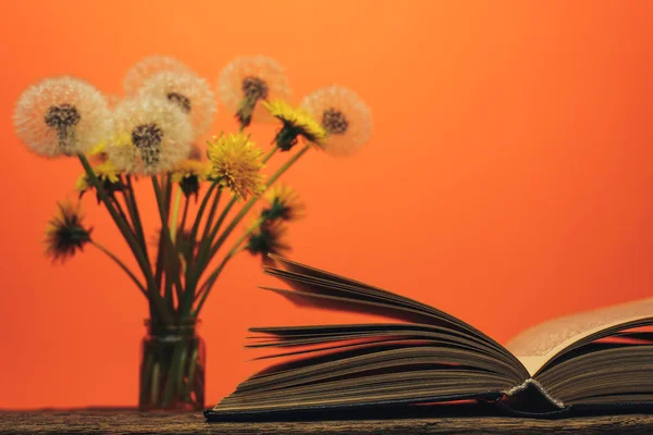 Open Book Yellow Flower Dandelion Old Oak Table Coral Orange — Stock Photo, Image