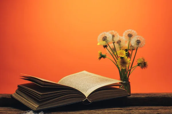 Nyitott Könyv Sárga Virág Pitypang Egy Régi Tölgyfa Asztal Korall — Stock Fotó