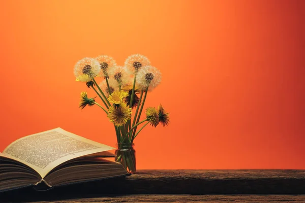 Open Book Yellow Flower Dandelion Old Oak Table Coral Orange — Stock Photo, Image
