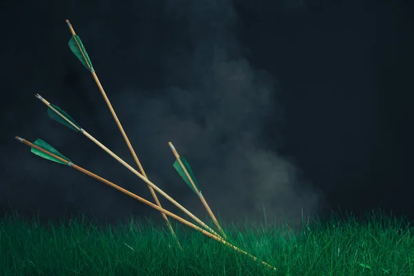 Cuatro Flechas Madera Hierba Hermoso Fondo Smog Armas Medievales Hechas —  Fotos de Stock