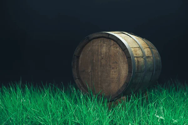 暗い背景に草の中の古いウーデン樽 — ストック写真