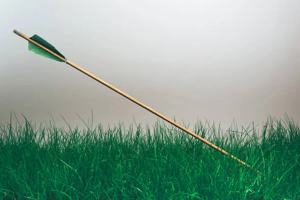 Uma Flecha Madeira Fundo Cinzento Bonito Armas Medievais São Feitas — Fotografia de Stock