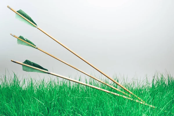 Tres Flechas Madera Hermoso Fondo Gris Las Armas Medievales Son — Foto de Stock