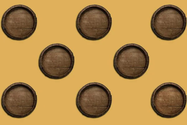 Beautiful Old Wooden Barrels Creative Yellow Background — Stock Photo, Image