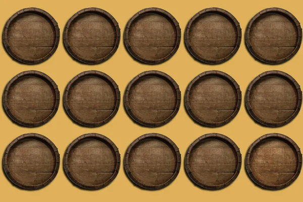 Beautiful Old Wooden Barrels Creative Yellow Background — Stock Photo, Image