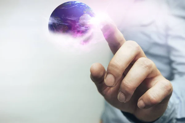 Planeta Humano Tocando Com Dedo Sobre Fundo Branco Meios Mistos — Fotografia de Stock