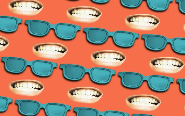 Glasses with open mouth shows a teeth. Beautiful  Creative flat background.